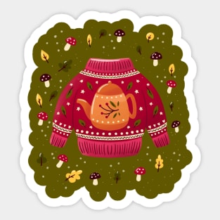 Christmas holiday sweater with tea kettle, leaves and mushrooms. Colorful winter festive illustration. Sticker